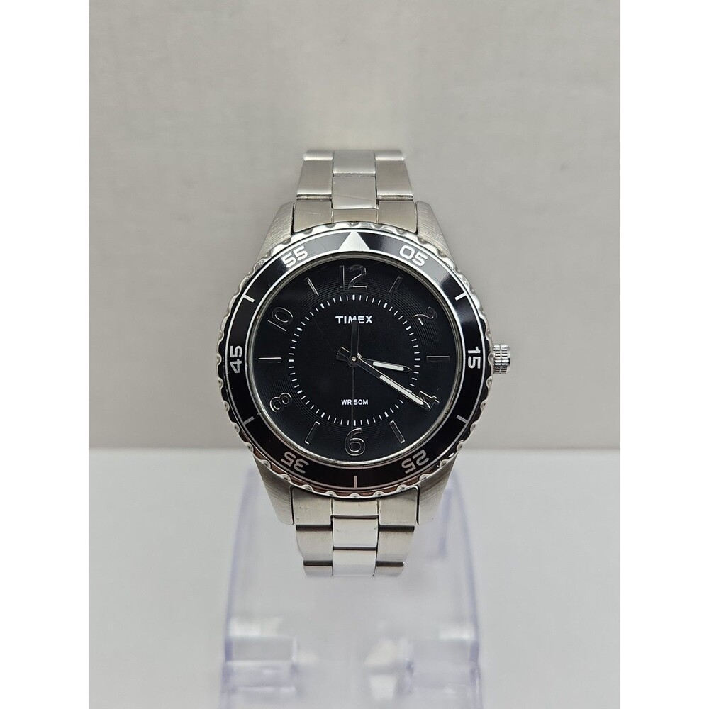 Timex Womens Sport Watch Black Dial Silver Tone Bracelet 35mm WR50M New Battery